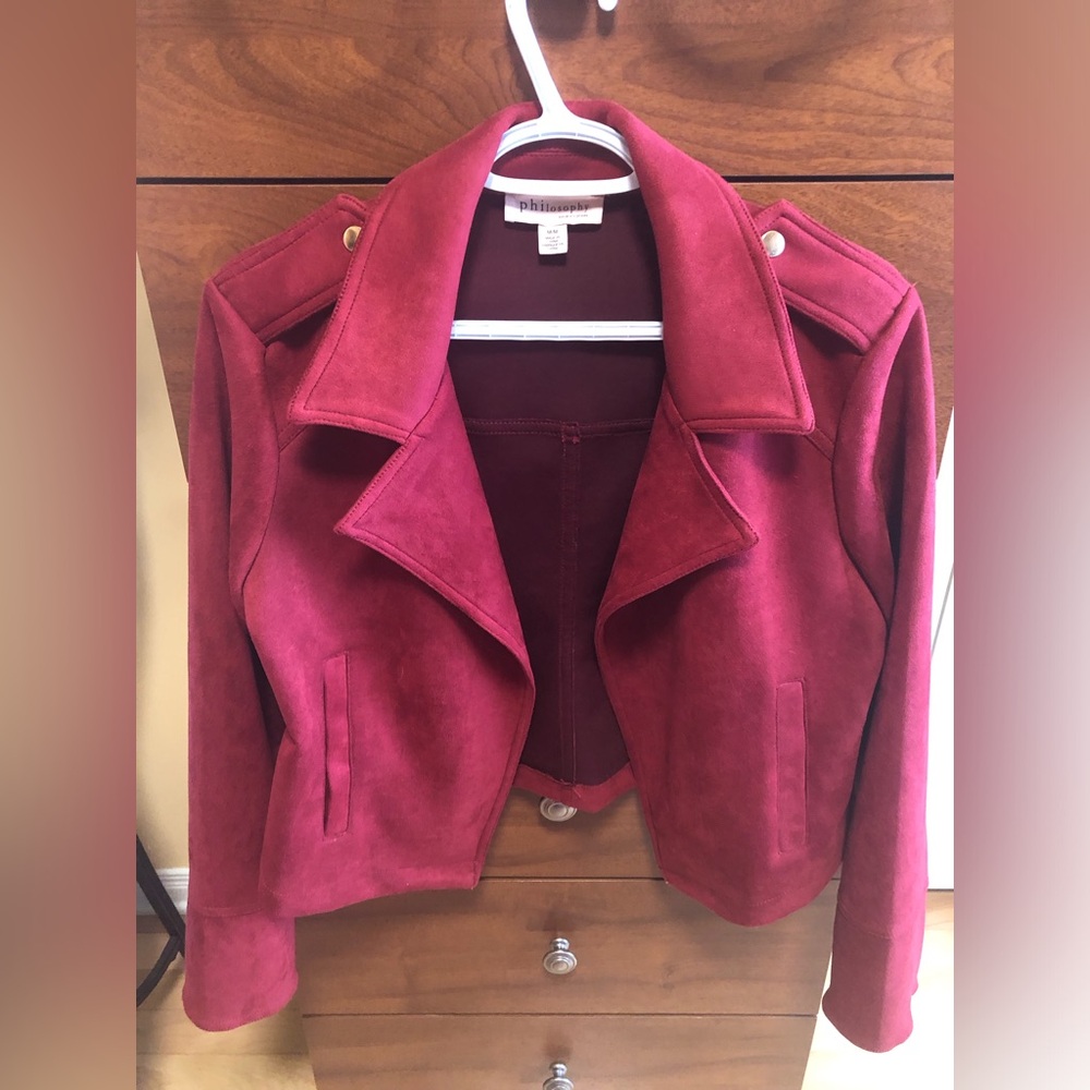 Philosophy burgundy Faux suede open moto biker style jacket /coat